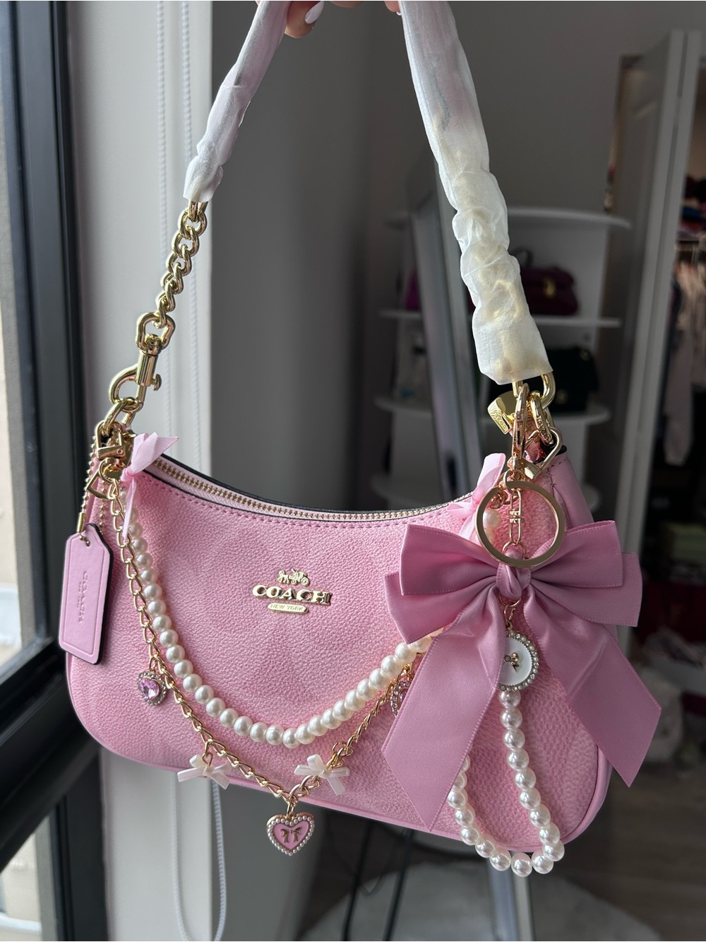 Coach Pink Shoulder Bag with Pearl & Bow Charm - Picture 2 of 4